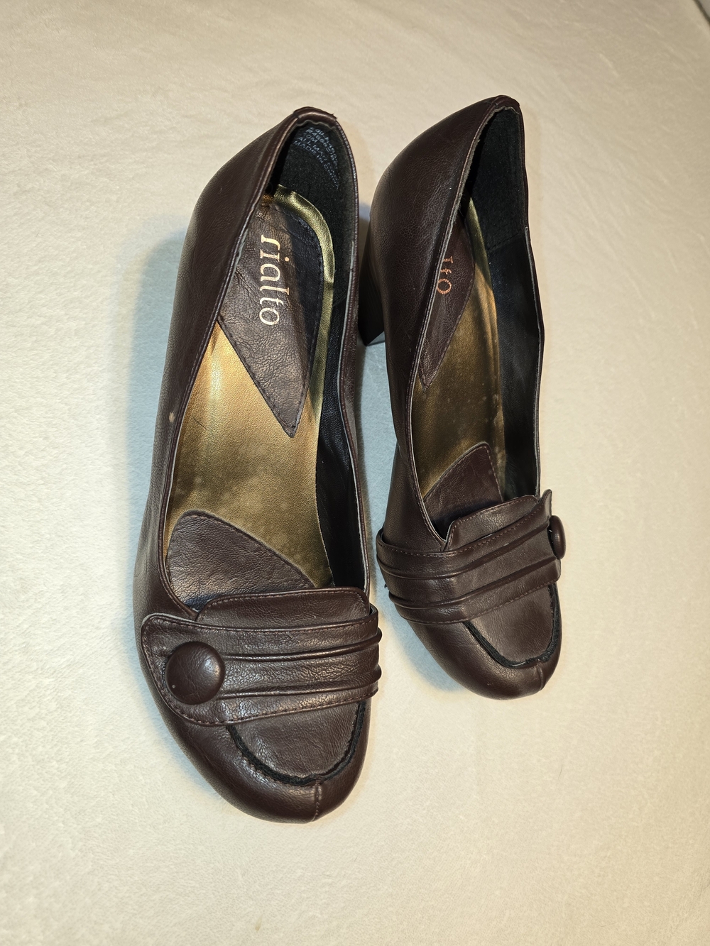 Rialto Dark Brown Leather Loafer Pumps with Button Accent